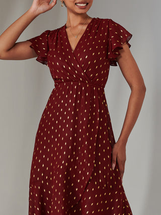 Metallic Spot Textured Chiffon Maxi Dress, Burgundy