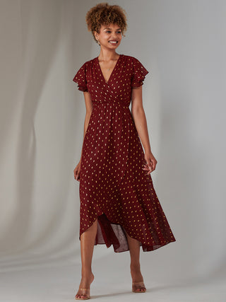 Metallic Spot Textured Chiffon Maxi Dress, Burgundy