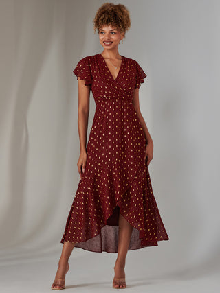 Metallic Spot Textured Chiffon Maxi Dress, Burgundy