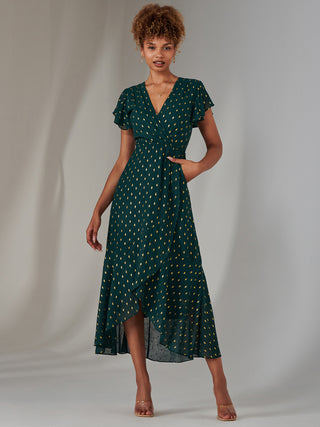 Metallic Spot Textured Chiffon Maxi Dress, Dark Green