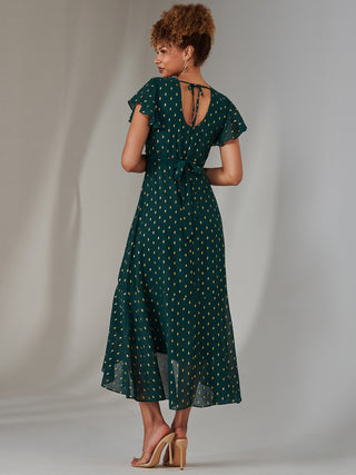 Metallic Spot Textured Chiffon Maxi Dress, Dark Green