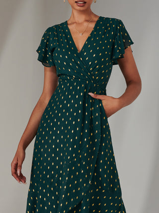 Metallic Spot Textured Chiffon Maxi Dress, Dark Green