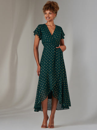 Metallic Spot Textured Chiffon Maxi Dress, Dark Green