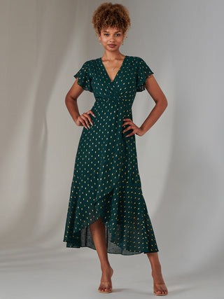 Metallic Spot Textured Chiffon Maxi Dress, Dark Green