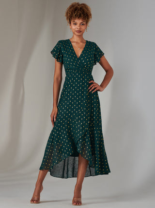 Metallic Spot Textured Chiffon Maxi Dress, Dark Green