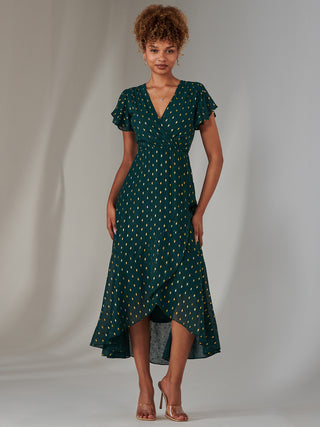 Metallic Spot Textured Chiffon Maxi Dress, Dark Green