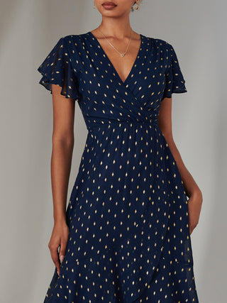 Metallic Spot Textured Chiffon Maxi Dress, Navy