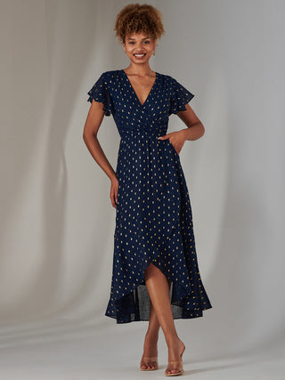 Metallic Spot Textured Chiffon Maxi Dress, Navy