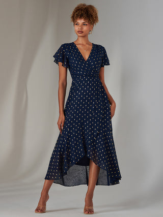 Metallic Spot Textured Chiffon Maxi Dress, Navy