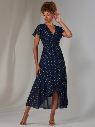 Metallic Spot Textured Chiffon Maxi Dress, Navy