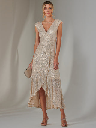 Sequin Ruffle Hem Maxi Dress, Beige Silver