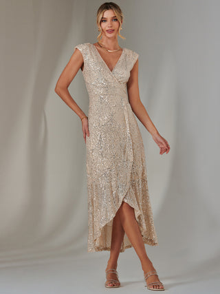 Sequin Ruffle Hem Maxi Dress, Beige Silver