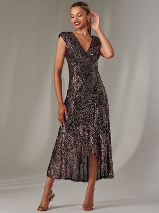 Sequin Ruffle Hem Maxi Dress, Black Rose Gold – Jolie Moi Retail