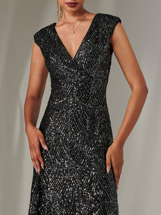 Sequin Ruffle Hem Maxi Dress, Black- Silver Jolie Moi Retail Sequin Ruffle Hem Maxi Dress, Black- Silver Jolie Moi Retail