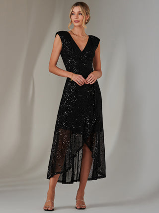 Sequin Ruffle Hem Maxi Dress, Black