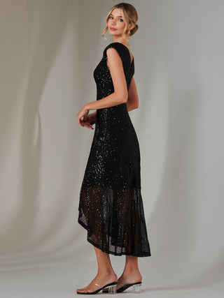 Sequin Ruffle Hem Maxi Dress, Black