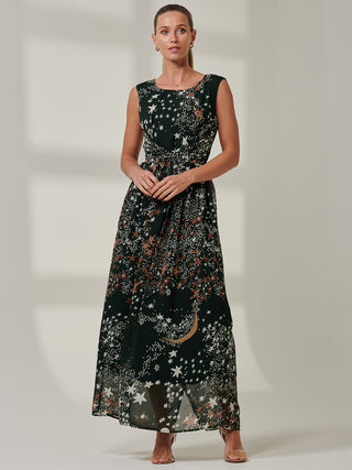 Printed Cross Belt Maxi Dress, Dark Green