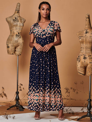 Mirrored Floral Print Mesh Maxi Dress, Navy Multi
