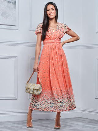Mirrored Floral Print Mesh Maxi Dress, Orange Multi