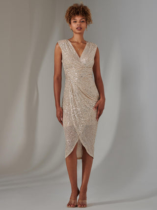 Aisla Ruched Sequin Bodycon Dress, Beige Silver Jolie Moi Retail Aisla Ruched Sequin Bodycon Dress, Beige Silver Jolie Moi Retail