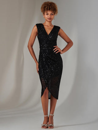 Aisla Ruched Sequin Bodycon Dress, Black