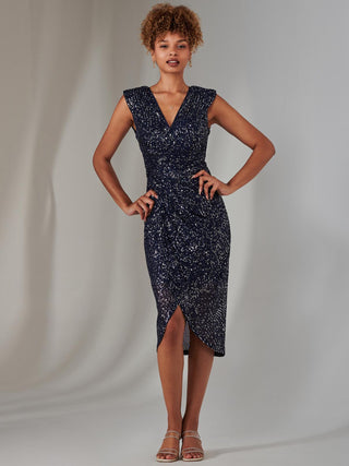 Aisla Ruched Sequin Bodycon Dress, Navy Silver