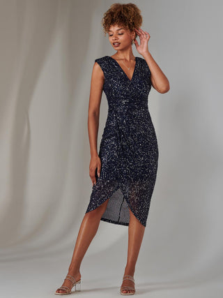 Aisla Ruched Sequin Bodycon Dress, Navy Silver