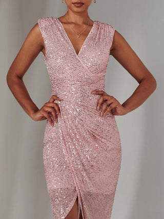 Aisla Ruched Sequin Bodycon Dress, Pink