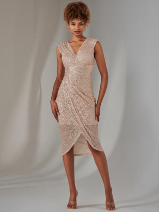 Aisla Ruched Sequin Bodycon Dress, Rose Gold Jolie Moi Retail Aisla Ruched Sequin Bodycon Dress, Rose Gold Jolie Moi Retail