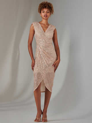 Aisla Ruched Sequin Bodycon Dress, Rose Gold