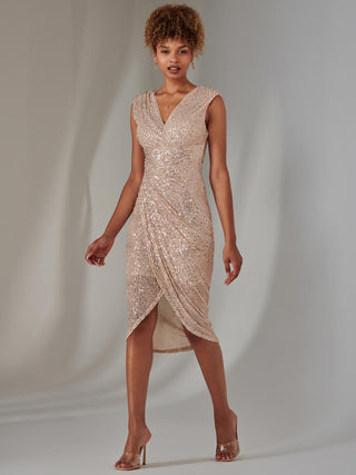 Aisla Ruched Sequin Bodycon Dress, Rose Gold Jolie Moi Retail Aisla Ruched Sequin Bodycon Dress, Rose Gold Jolie Moi Retail