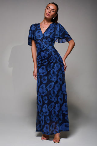 Angel Sleeve Draped Mesh Maxi Dress, Blue Abstract