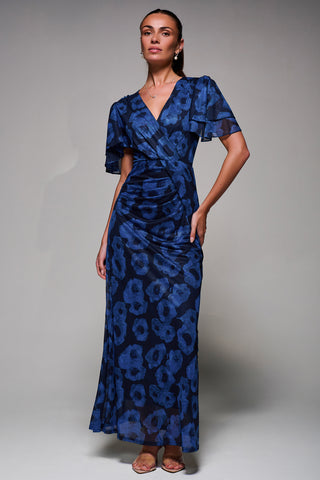 Angel Sleeve Draped Mesh Maxi Dress, Blue Abstract