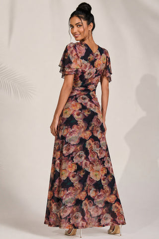 Angel Sleeve Draped Mesh Maxi Dress, Orange Floral