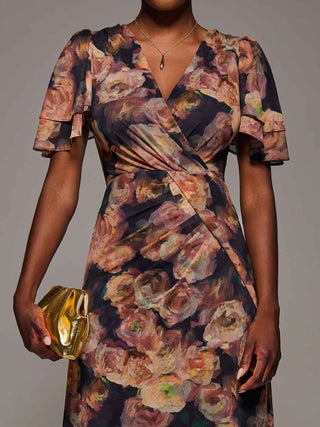 Angel Sleeve Draped Mesh Maxi Dress, Orange Floral