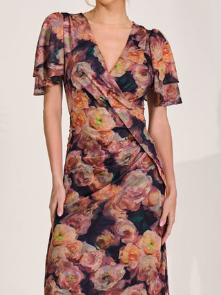 Angel Sleeve Draped Mesh Maxi Dress, Orange Floral