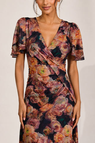 Angel Sleeve Draped Mesh Maxi Dress, Orange Floral