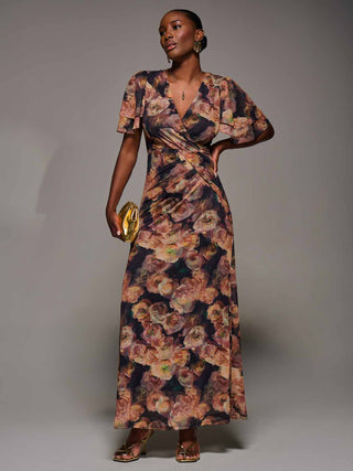 Angel Sleeve Draped Mesh Maxi Dress, Orange Floral