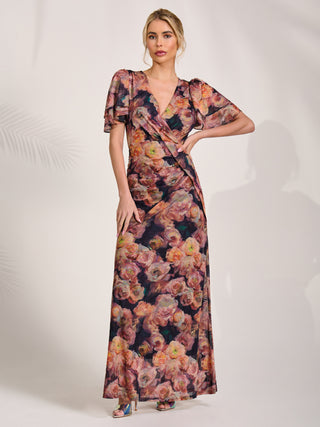 Angel Sleeve Draped Mesh Maxi Dress, Orange Floral