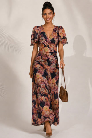 Angel Sleeve Draped Mesh Maxi Dress, Orange Floral