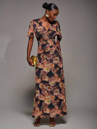 Angel Sleeve Draped Mesh Maxi Dress, Orange Floral