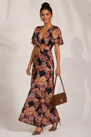 Angel Sleeve Draped Mesh Maxi Dress, Orange Floral