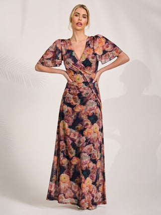 Angel Sleeve Draped Mesh Maxi Dress, Orange Floral