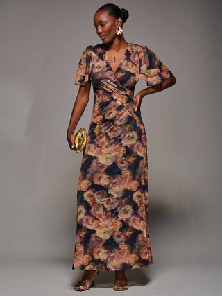 Angel Sleeve Draped Mesh Maxi Dress, Orange Floral