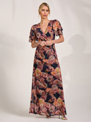 Angel Sleeve Draped Mesh Maxi Dress, Orange Floral