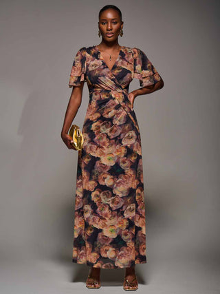 Angel Sleeve Draped Mesh Maxi Dress, Orange Floral