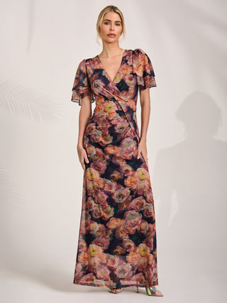 Angel Sleeve Draped Mesh Maxi Dress, Orange Floral