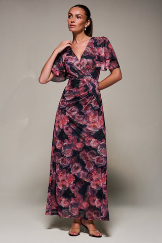 Angel Sleeve Draped Mesh Maxi Dress, Pink Floral