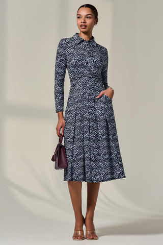 Long Sleeve Button Up Midi Dress, Navy Pattern