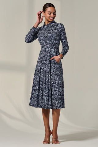 Long Sleeve Button Up Midi Dress, Navy Pattern